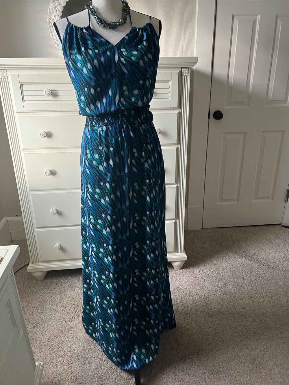 Tory Burch 💯 % Silk Navy Turquoise Green Maxi Dress Sleeveless Smock Waist
